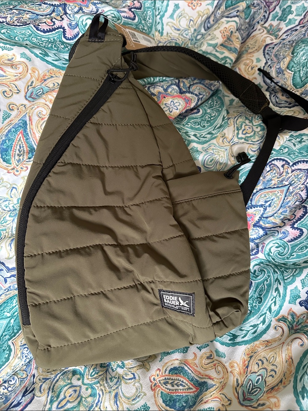 Eddie Bauer Olive Quilted Sling Bag with Black Trim